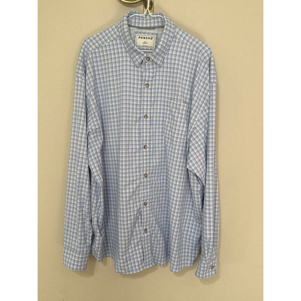 Poncho Button Down Shirt Mens XXL Blue White Plaid Performance Regular Fit READ